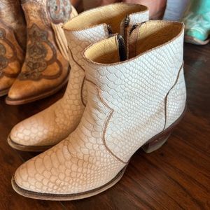 White snakeskin cowboy ankle booties